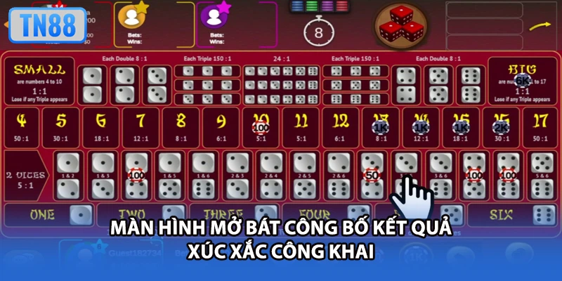 Màn hình mở bát công bố kết quả xúc xắc công khai